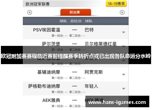 欧冠附加赛赛程临近赛前提醒赛季转折点或已出现各队命运分水岭