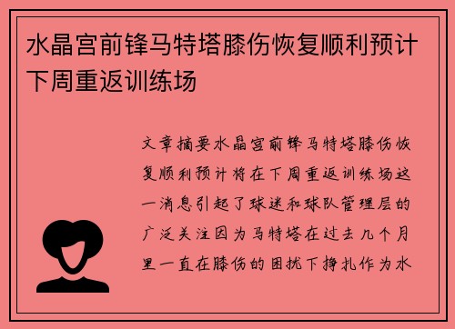 水晶宫前锋马特塔膝伤恢复顺利预计下周重返训练场 水晶宫前锋马特塔膝伤恢复顺利预计下周重返训练场